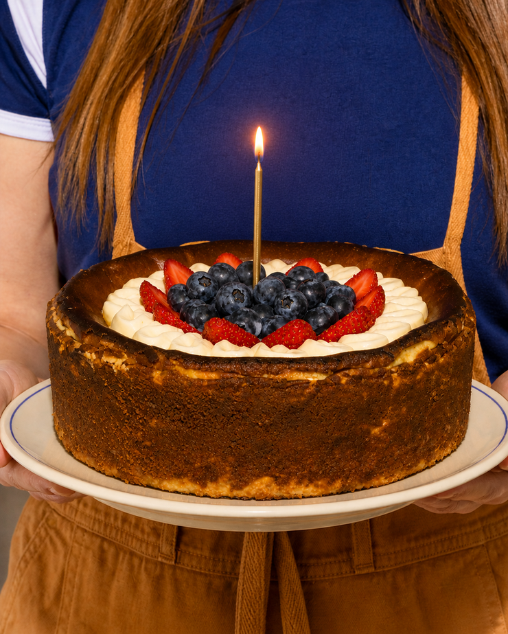 Elevete Patisserie burnt basque cheesecake topped with fresh blueberries and strawberries, whipped cream and a gold birthday candle, halal certified KL & Selangor