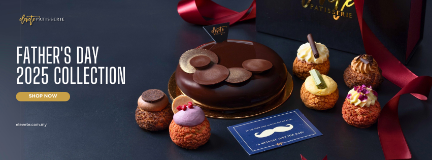 Father's Day 2025 collection banner with a chocolate cake and assorted pastries — Elevete Patisserie