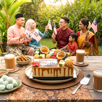 Malaysian family in the garden waving flags on Merdeka, with the Muhibbah kuih cake, satay, ondeh-ondeh and teh tarik on the table
