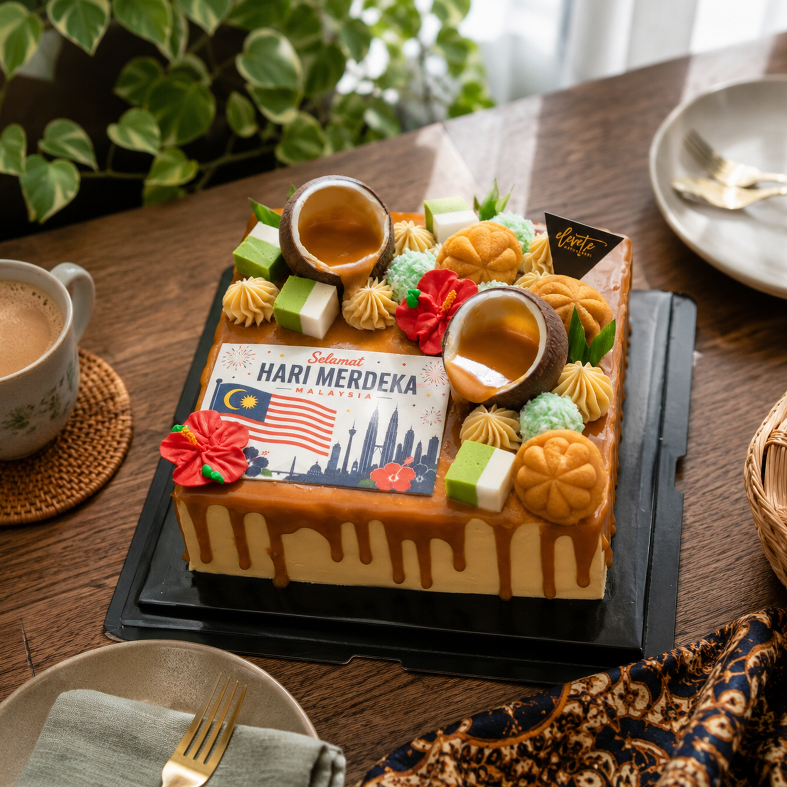 Muhibbah Merdeka kuih cake on a wooden dining table with coffee and batik, ready to serve