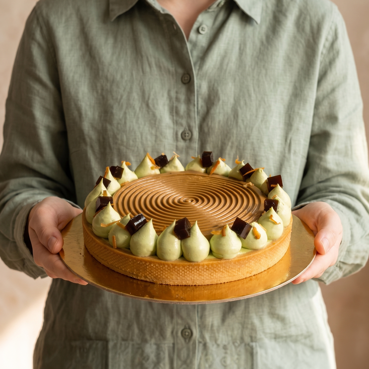 Pandan coffee tart held on a gold board, coffee spiral centre ringed with pandan cream and chocolate shards — Elevete Patisserie