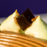 Close-up of pandan cream peaks and a dark coffee jelly cube on the pandan coffee tart — Elevete Patisserie