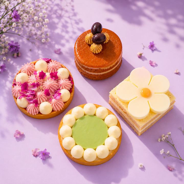 Elevete Patisserie Symphony Dessert Treats box featuring Vanilla Petit Gateau, Ondeh Ondeh Tart, Rose Lychee Raspberry Tart and Tiramisu Macaron, free same-day delivery Kuala Lumpur and Selangor, halal certified